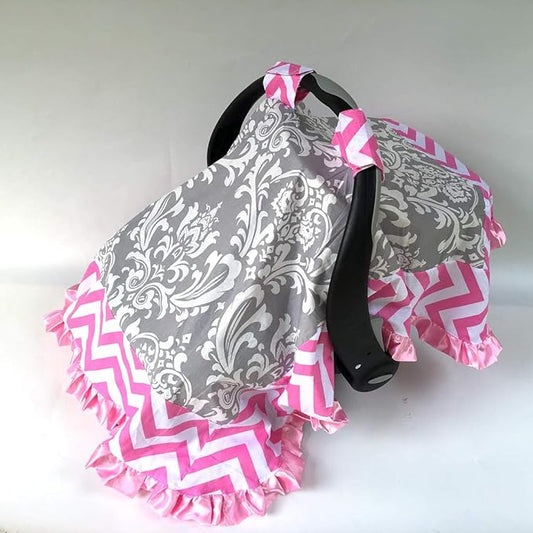Rosy Kids Infant Carseat Canopy Cover 1pc Wind Proof Baby Car Seat Cover, Sunshade Cover, Boys and Girls, Fits Any Baby Car Seat, Baby Pink Chevron Grey Damask