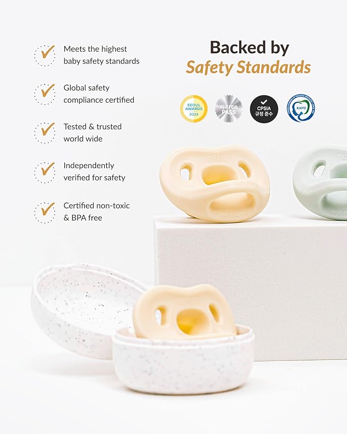 Moyuum Silicone Macaron Pacifier | Made in Korea, BPA Free One-Piece Design Baby Soother, Soft Orthodontic Shape with Air Holes, 2 Pack with Travel Case, Babies 3-6 Months (Blueberry+Natural, Stage 2)