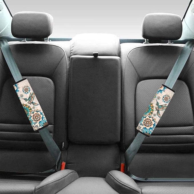 Biyejit Car Seat Belt Covers for Adults Kids, Seatbelt Cushions Pads Cover for Trucks SUV, Car Accessories Decorations 2Pcs, Boho Hummingbirds