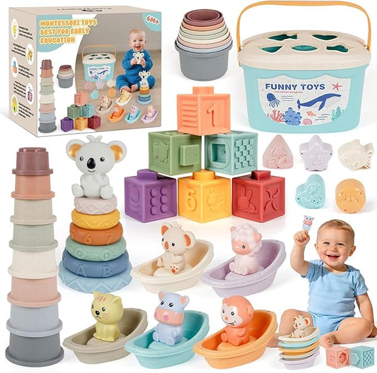 Montessori Baby Toys for Infants 6-18 Months, Shape Sorter for Toddler 6–12 Months, Sorting Stacking Toy for Fine Motor Skills, Sensory Learning Set with Stacking Rings for Babies Birthday Gift（Blue）