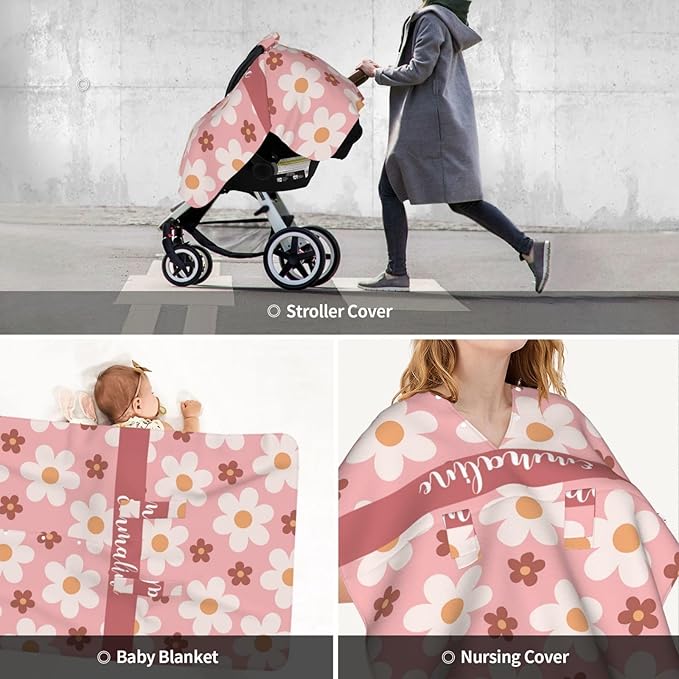 Personalized Pink Floral Baby Car Seat Canopy with Name – Custom Nursing Cover, Stroller Seat Cover, Breastfeeding Privacy Blanket, Soft Breathable Infant Cover for Newborn Girl Gift