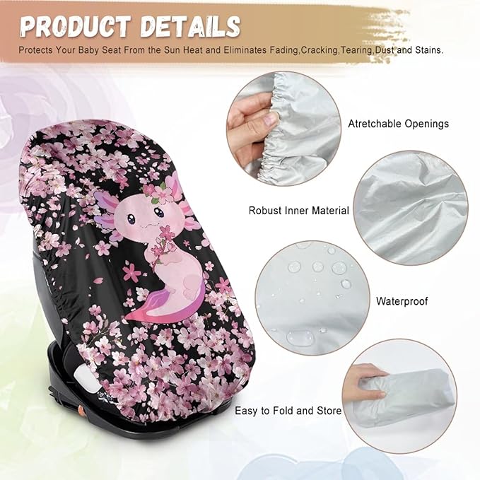 Axolotl Car Seat Cover for Baby Carseat, Cherry Blossom Car Seat Sun Shade Cover, Easy to Install, Sun Protection Reflector UV Ray Helpers