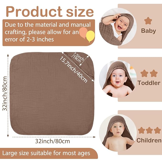Peryiter 6 Pcs Muslin Hooded Baby Towels 32 x 32 Inch Cotton Newborn Bath Essentials Muslin Infant Blankets Absorbent Registry Gifts for Girl Boy Kids Baby Shower (Gray Series)