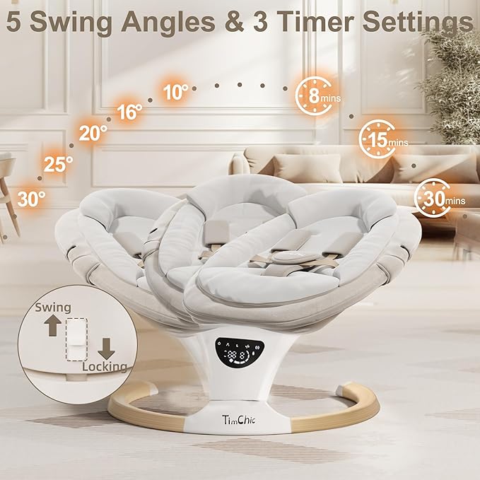 Baby Swings for Infants, Portable Infant Swing with 5-Speeds, 3-Adjustable Height, 3 Timer & 12 Lullabies, Mutil-Function Electric Swing for Baby, Indoor & Outdoor Use (Beige)