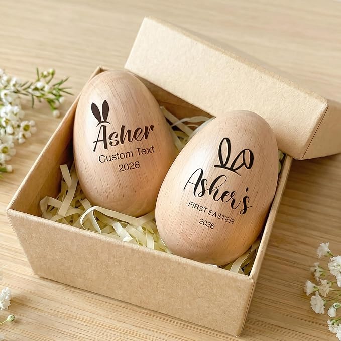 Custom Musical Easter Egg Shaker with Engraved Name, First Easter Gifts for Baby 2026, Wooden Easter Egg Basket Stuffers for Kids, Fake Eggs for Egg Hunt Prize Decor Party Baptism Gift