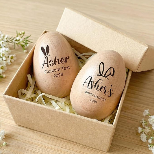 Custom Musical Easter Egg Shaker with Engraved Name, First Easter Gifts for Baby 2026, Wooden Easter Egg Basket Stuffers for Kids, Fake Eggs for Egg Hunt Prize Decor Party Baptism Gift