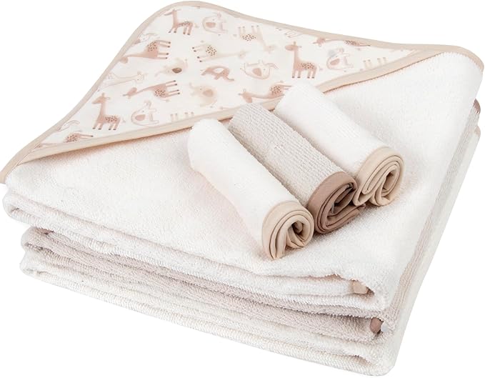 Jessica Simpson 6 Piece Printed Hooded Bath Towel and Washcloth Set for Infant, Newborns and Toddlers 3 – 24 Months for Bath Time, Showers, Lounge, Beach and Pool (6 Piece Zoo Animals Print)