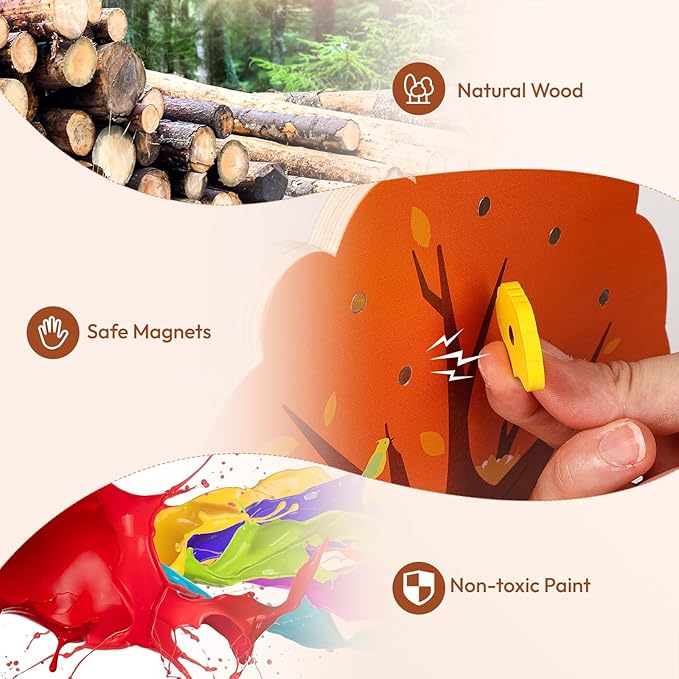 Woodtoe Montessori Toys for 3 4 5 6 Year Old, Pumpkin Picking Magnetic Leaves Tree Toy, Toddler Fine Motor Skill Toy, Wooden Sensory Color Sorting Toys, Autumn Pumpkin Toy Birthday Gifts for Kids 3-6