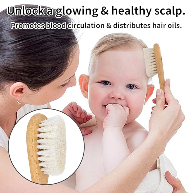Personalized Wooden Hair Brush Set with Soft Goat Bristles - Toddler Cradle Cap Brush and Newborn Baby Registry Gift