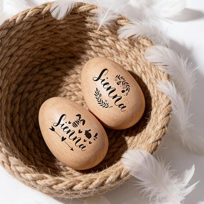 Custom Musical Easter Egg Shaker with Engraved Name, First Easter Gifts for Baby 2026, Wooden Easter Egg Basket Stuffers for Kids, Fake Eggs for Egg Hunting Prize Decor Party Baptism Gift 1 PCS