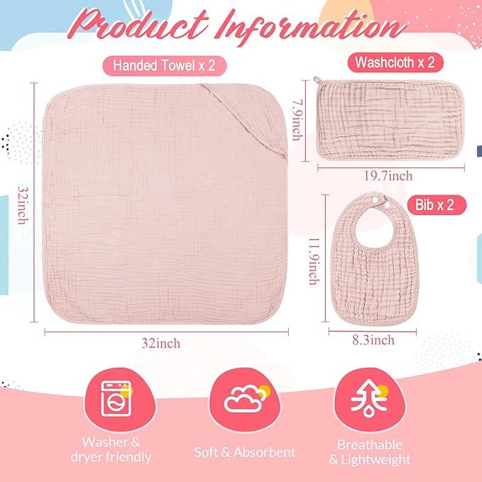 Hahafelt 6 Pcs Muslin Hooded Bath Towels Washcloths and Bibs Set, Muslin Cotton Baby Towels Absorbent Hooded Blanket Towel Infant Bibs for Boys Girls Newborn Infant Essentials(Pink, Light Pink)