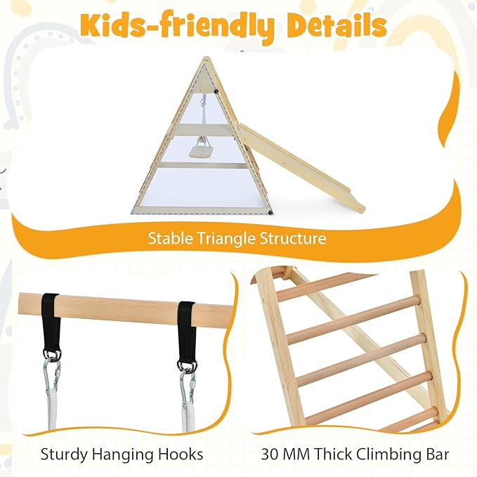 HONEY JOY Kids Indoor Jungle Gym, Large 5-in-1 Playground Climber Playset with Baby Swing, Slide Ramp, Ladder & Climbing Wall, Foldable Wooden Montessori Waldorf Play Gym, Climbing Toys for Toddlers