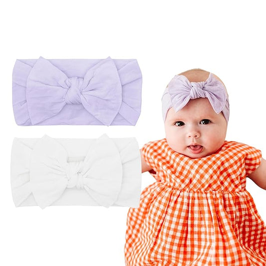 Baby Bling Bows - Newborn to Little Baby Girl Bows, 2 Pack Nylon Super Soft Stretchy Knot Toddler Headbands, Perfect Hair Accessories Head Bands for Infant Kids(Light Orchid & White)
