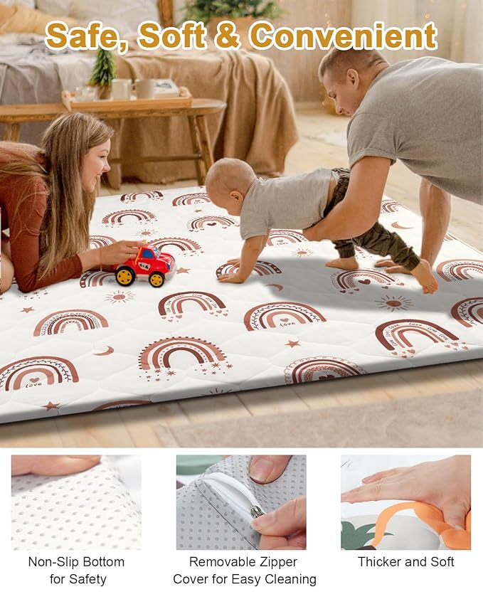 TINYHARBO Premium Foam Baby Play Mat 71" x 59" with Removable Cover, Extra Thick Padding Playpen Mat, Non-Slip Floor Mat, Stylish & Easy to Clean for Crawling Baby, Infants & Toddlers, Rainbow