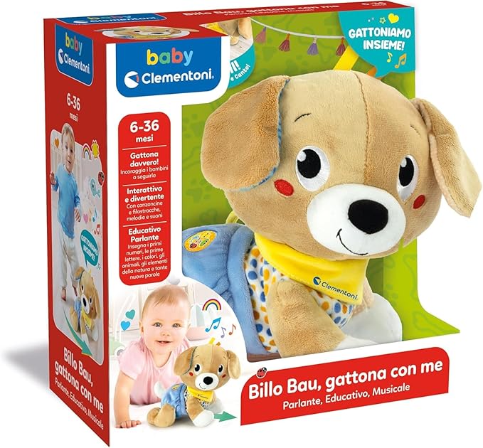 Clementoni Baby Billo Build Cat With Me Plush Animal Learning Crawling Children's Play 6-36 Months Learning Numbers Words Animal Trips Italian Language 17986