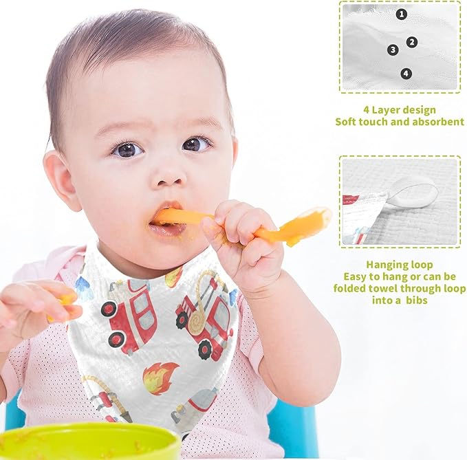 vvfelixl Baby Muslin Washcloths, Fire Department Funny Cars Baby Burp Cloths, Cotton Baby Face Towel for Newborn Infants Boys Girls Soft and Absorbent 11.8 X 11.8 in, 3 Pack