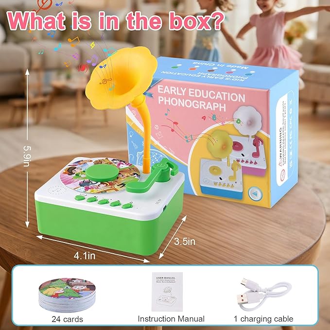 Children's Phonograph and Baby Record Player, Equipped with 96 Story Cards, Songs and Phonograph Records (Green Model)