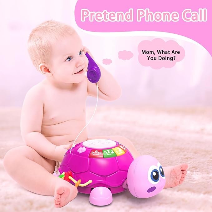 Ussybaby Musical Turtle Baby Toys 6 to 12 Month,Infant Light-up Musical Tummy Time Toy with Phone,Baby Crawling Toys for 7 8 9 12 Months Old,Easter Birthday Girl Gift for 3 4 5 Month+(Pink)