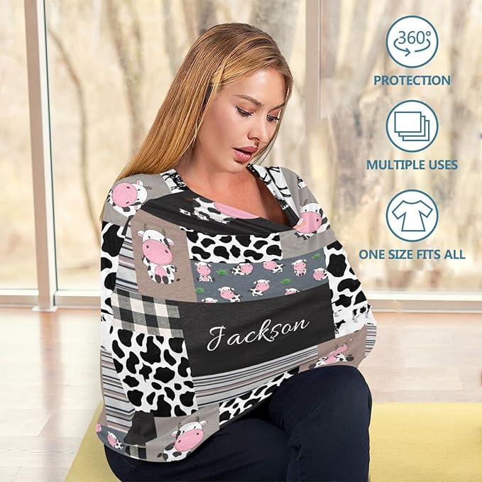 Personalized Baby Car Seat Cover for Boys Girls, Custom Nursing Covers for Breastfeeding with Name, Infant Stroller Cover, Baby Carseat Canopy for Newborn, Multiuse Car Seat Canopies, Cute Cow Plaid