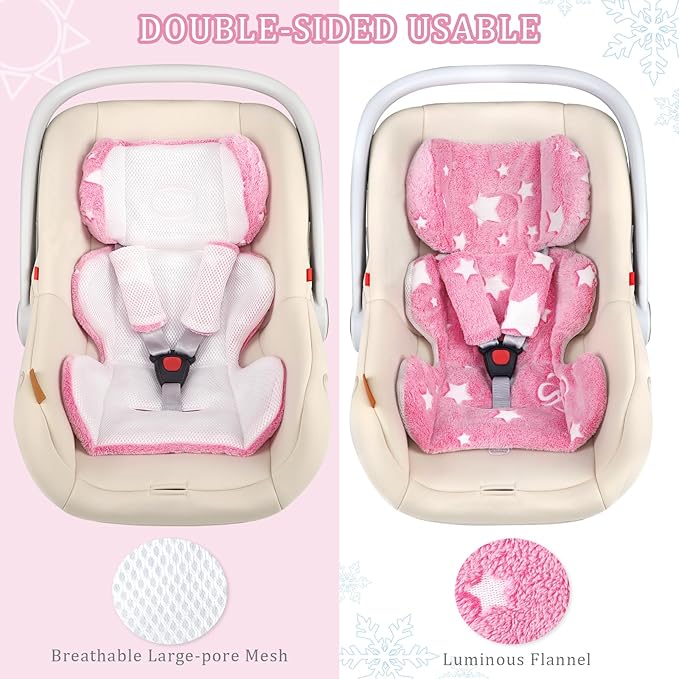 Infant Car Seat Insert Girls, Soft Flannel Baby Head Support & 2 Strap Pads, Preemie Newborn Carseat Cushion Reversible & All Season, for Stroller, Baby Swing, Rocker, Bassinets, Bouncer (Pink Star)