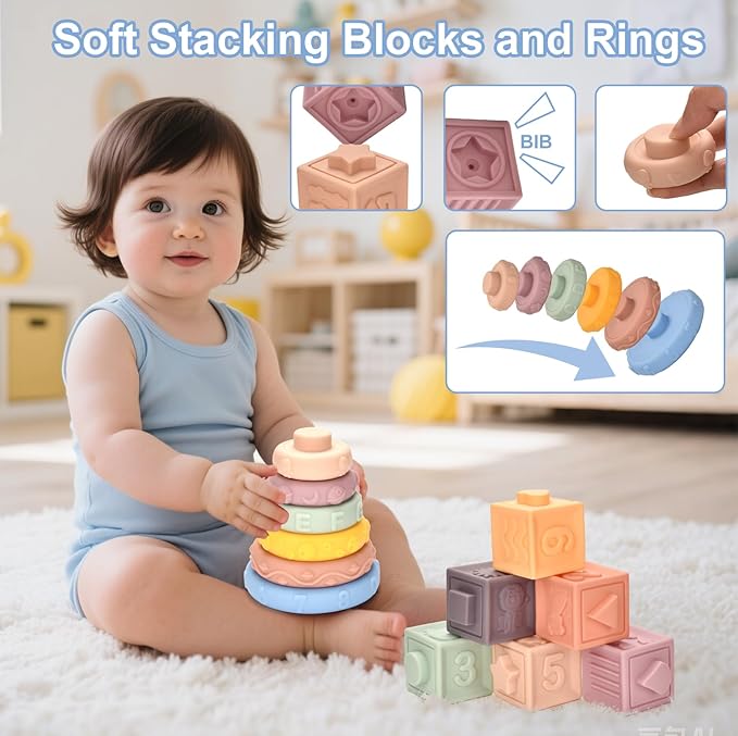 Baby Toys 6-12 Months,Montessori Toys for 6-9-12 Month old,6-in-1 Sensory Toys Stacking Cups Building Blocks,Teething Pull String,Tissue Box Toys for Babies 6-9-12,18-24 Months,1-3 Year old Baby Gifts