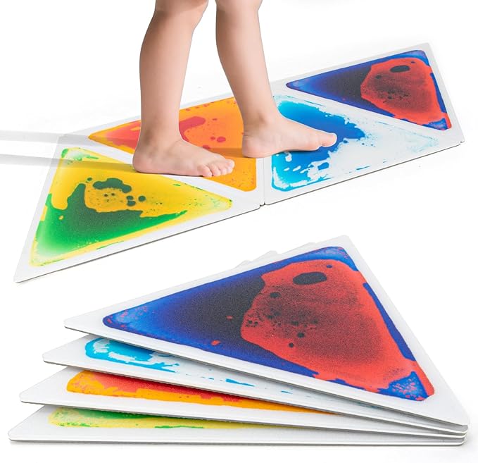 LONGKING 4-Sheet Liquid Triangle Sensory Tiles, Colorful Floor Tile for Play Centers, Playroom, Lava Tiles, 12.7" x 14.7"