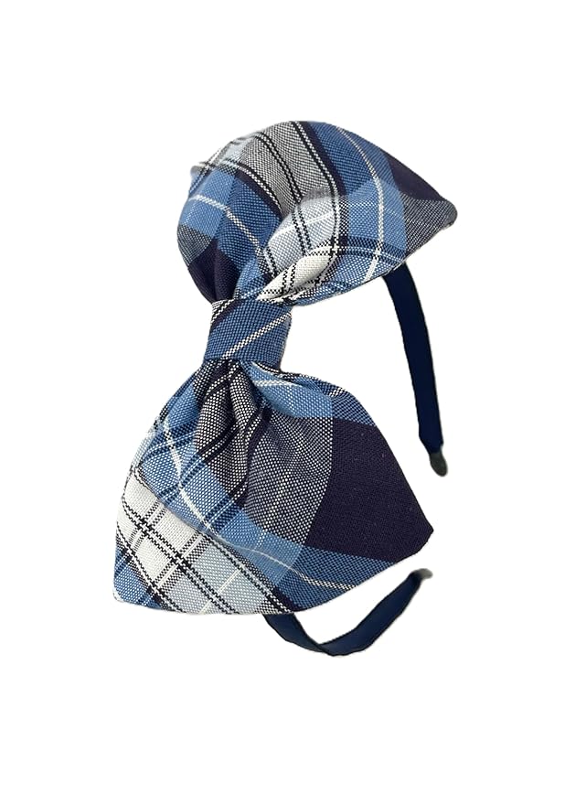 ClassExceed School Headband, Plaid bow headband, back to school, available in variety of school plaids (Plaid 76 Clear blue White Navy plaid, Regular)