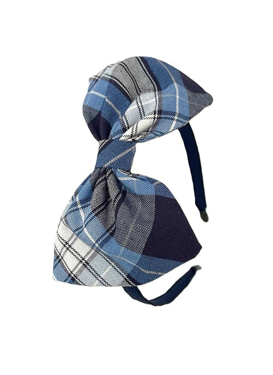 ClassExceed School Headband, Plaid bow headband, back to school, available in variety of school plaids (Plaid 76 Clear blue White Navy plaid, Regular)