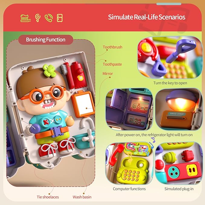 54-in-1 English & Spanish Musical Busy Board Montessori Toys, Early Educational Montessori Toy for 1 2 3 Year Old Boys, Bilingual Learning Toy Gifts for 1+ Year Old Boys
