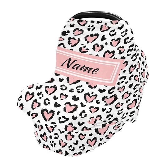 Custom Leopard Pink Heart Baby Car Seat Cover Personalized Your Name Nursing Covers Breastfeeding Scarf Infant Carseat Canopy for Mom Baby Gift