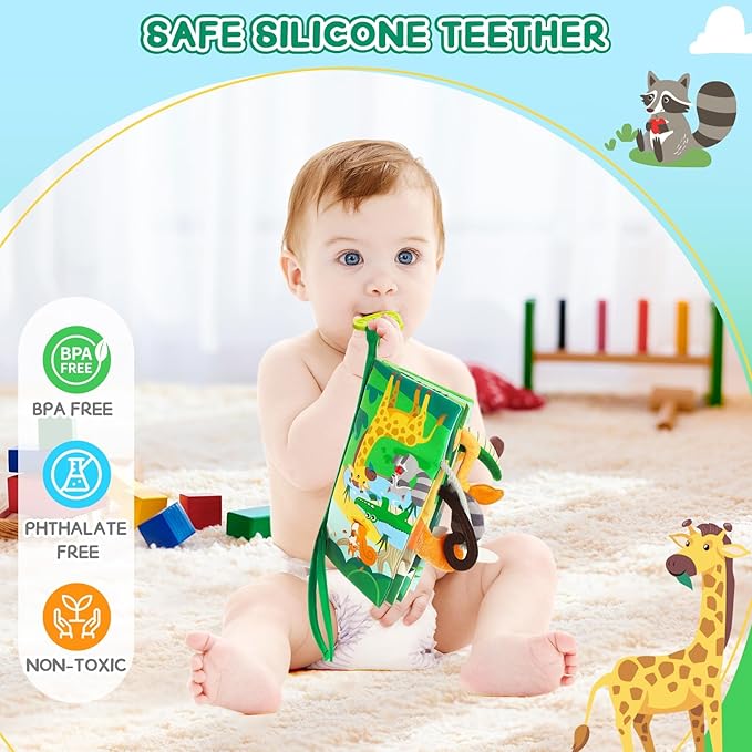 BBWOO Soft Baby Book Toy - Newborn Boy Girl Shower Gift - Tummy Time Toy for Infant 0-6 6-12 Months - Touch and Feel Sensory Crinkle Book with Teether - Baby Boy Girl Gift - Easter Basket Stuffers