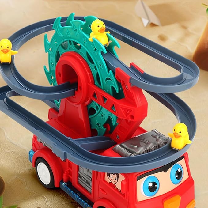Fire Truck Climbing Slide Music Toy, Electric Fire Truck Climbing Stairs Toy with Slide for Ages 3-8, Fire Trucks Roller Coaster Toys with Lights & Music for Preschool Children's Birthday Gifts (Red)
