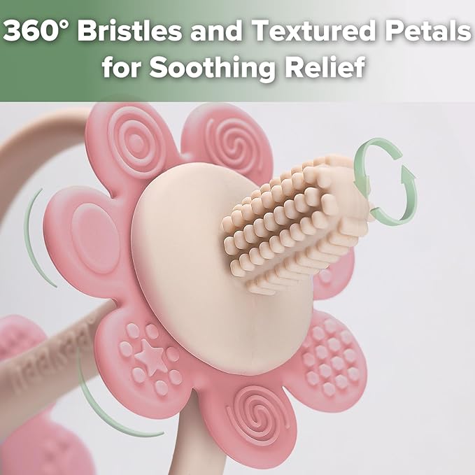 haakaa Silicone Twin Flower Teether,Nipple-Shaped End for Gum Massage,360° Baby Toothbrush Head for Self-Brushing Training,Easy to Grip - Rosehip