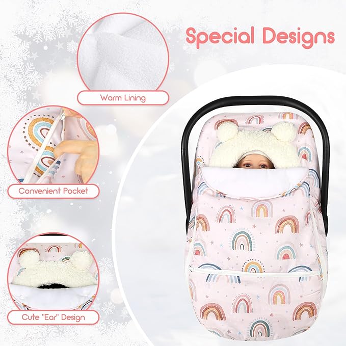 Winter Car Seat Cover Baby Girl Boy, Warm & Windproof Infant Carseat Cover Canopy Protect Baby from Cold Weather, Plush Fleece, Pink Rainbow
