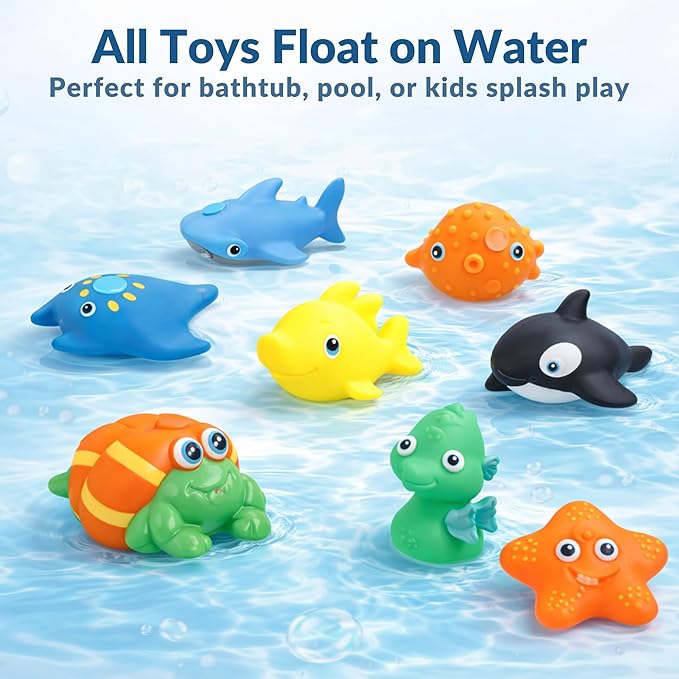 Magnetic Toddler Bath Toys - Kids Fishing Pool Game Set of 2 Fishing Poles, 8 Rubber Sea Animals, & Net - Water Toys with Mesh Organizer Bag