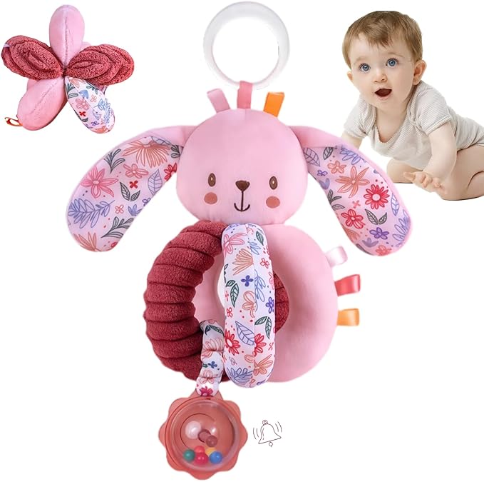 Baby Stroller Hanging Car Seat Toys for Infants 0-6 Months Girl 0-2-3-4-5-7-8-9-10 6-12 Month Old Newborn Gifts, Carseat Pink Plush Bunny Toy for Babies Play Gym Rattle Easter Basket Stuffers