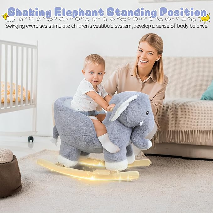 Baby Rocking Horse for Toddlers 1-3, with Music Sound, Elephant Shape, Stuffed Plush Ride-on Baby Rocker Chair with Wooden Base, Ergonomic Handle (Grey)