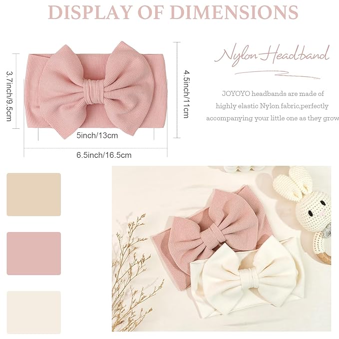 JOYOYO 3 Pcs Soft Wide-Knit Baby Headbands with Large Bow Hair Accessories for Newborn, Infant, Toddler, Kids（Beige Khaki Pink）