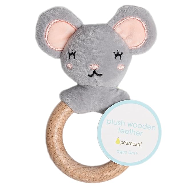Pearhead Mouse Wooden Baby Teether – Soft Plush Lovey with Natural Wood Rattle Ring, BPA-Free, Soothes Infant Gums, Multi-Sensory Newborn Essential for Boys and Girls, 0+ Months