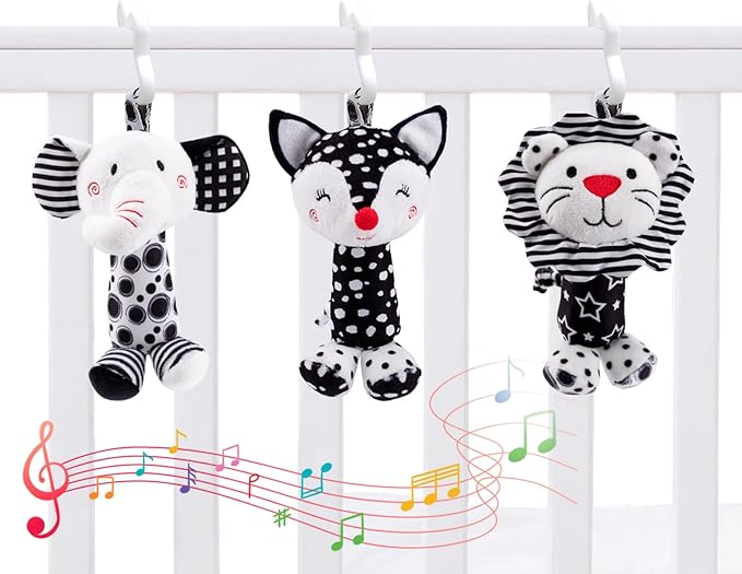 Black & White Baby Wind Chime Hanging Toys - High Contrast Rattles for Newborns 0-12 Months, Stroller & Car Seat Mobile, Hanging Rattle Toys for Babies, Clip Hanging Plush Squeeze Toys