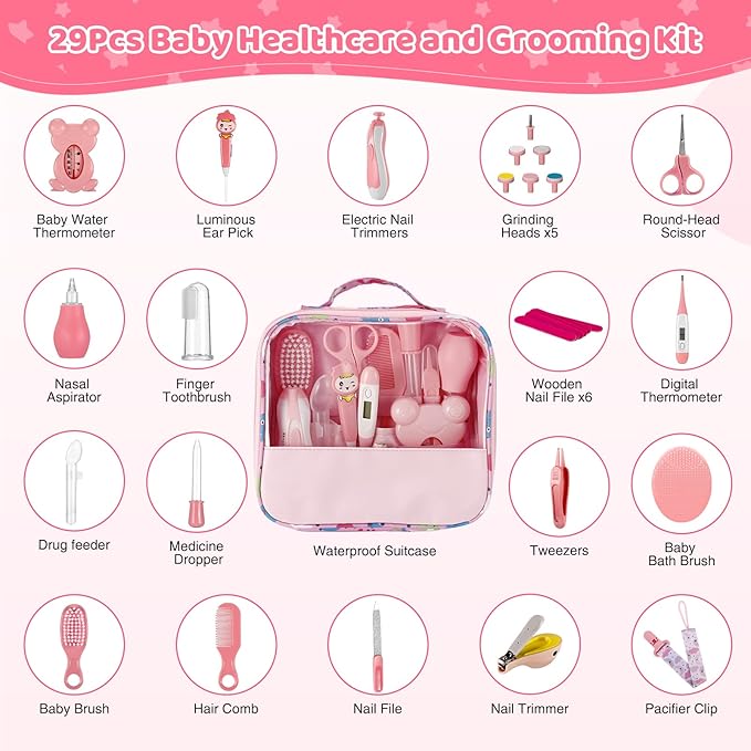 Baby Grooming Kit, 29 in 1 Portable Baby Safety Care Set and Baby Electric Nail Trimmer Set, Newborn Nursery Cleaner Essentials Health Care Set for Infant Toddlers Boys Girls, Baby Grooming Care