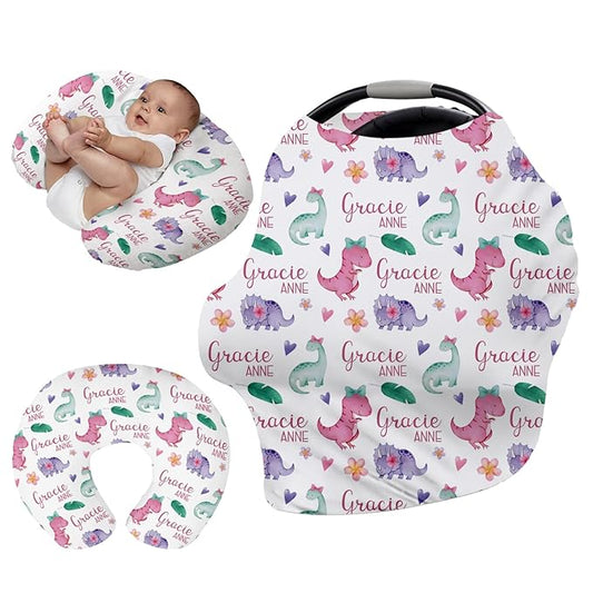 Custom Car Seat Covers for Babies - Breathable Baby Car Seat Cover for Girls Boys, Pink Dinosaur Pattern Kick-Proof Newborn Carrier Canopy Stretchy Stroller Cover for 4 Seasons(27"x29")