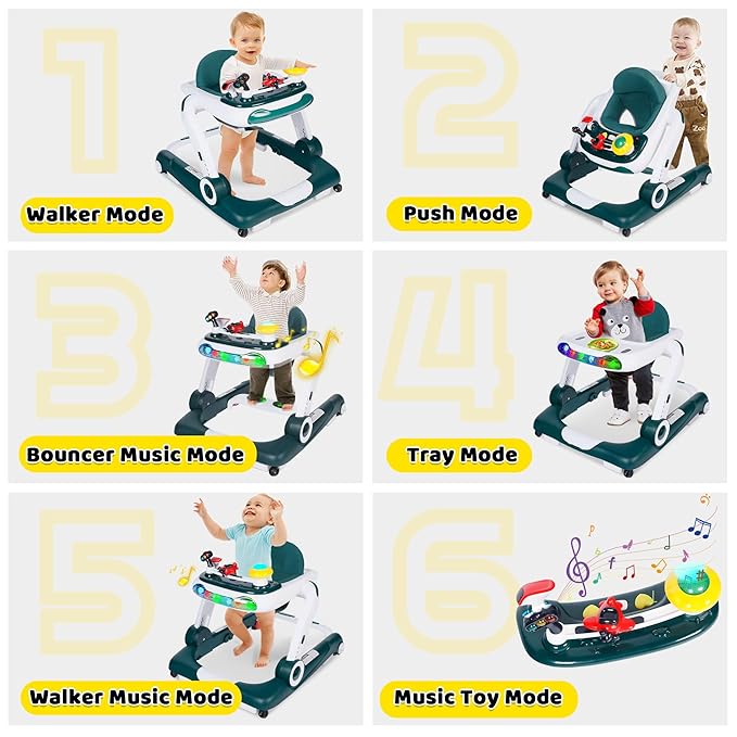 TODEFULL 6 in 1 Baby Walker, Baby Activity Walker for Toddler, Push Walker w/Adjustable Height Speed, Learning-Seated & Walk-Behind, Infant Walker w/Feeding Tray & Music Toys, Green