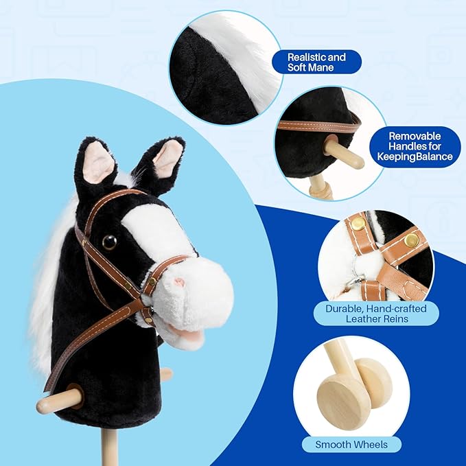 HollyHOME Stick Horse Plush Handcrafted Hobby Horse on a Stick with Wood Wheels Real Pony Neighing and Galloping Sounds for Kids Toddlers Black 36 Inches(AA Batteries Required)