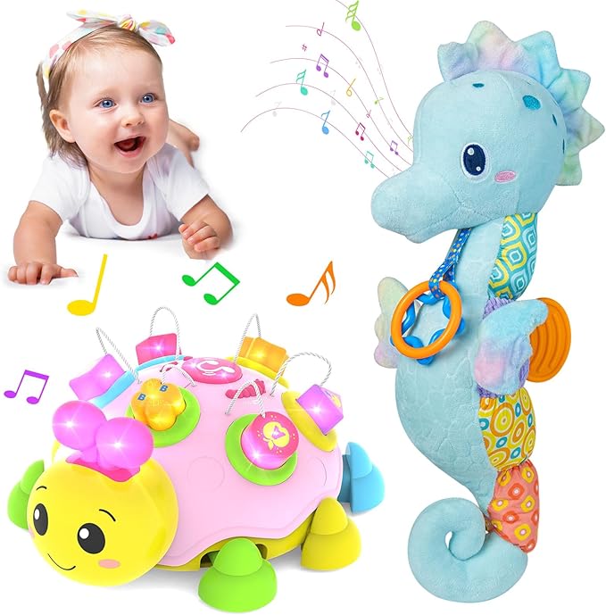Baby Toys 6-12 Months,Musical Ladybug Crawling Toy and Seahorse Plush Toy for Infants 0-3-6 7 8 9 10 12-18 Months,Early Education Light Up Music，Shape Matching,Tummy Time Toys for Boy Girl Gift.