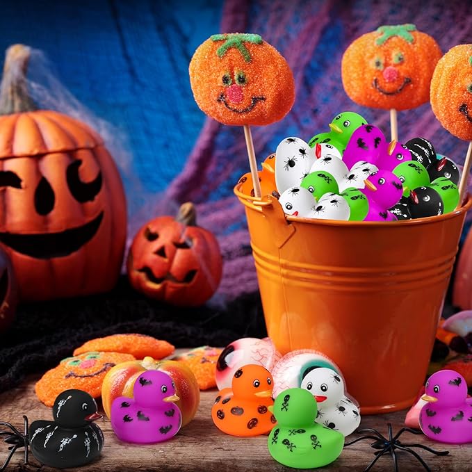 Wettarn 60 Pcs Halloween Rubber Ducks 2 Inch Mini Rubber Duckies Halloween Bath Toys Ghosts Pumpkins Skeletons Bats Spiders Bathtub Toys for Trick or Treat Goodie Bag Fillers Party