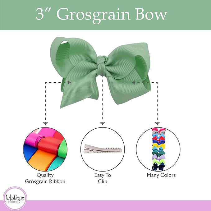 3 Inch Grosgrain Bow for Little Girls- Set of 2 (Sea Green)