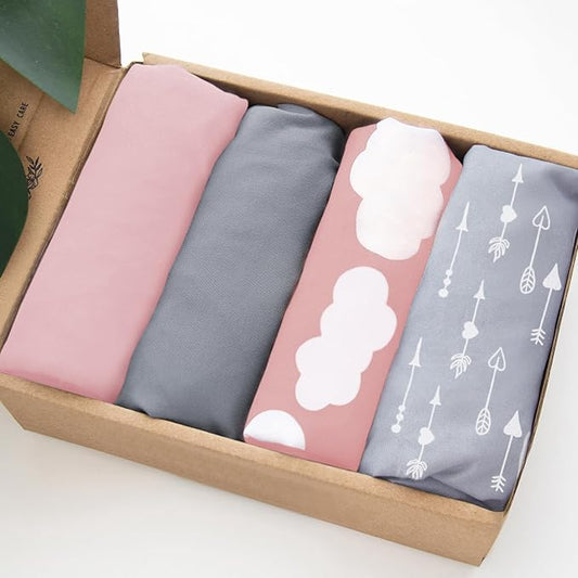 4 Pack Pack and Play Fitted Sheets, Compatible with Dream On Me Nest/Zazzy, 4moms Breeze Plus Playard and Other Large Playpen Mattress, Ultra Soft and Skin-Friendly, Pink Cloud