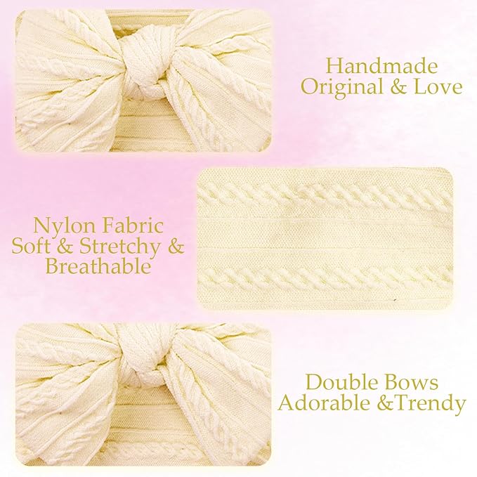 baotongle 3pcs Baby Girls Headbands Soft Stretchy Nylon Hair Bands Hair Accessories with Bows for Newborn Baby Girls Infant Toddlers Kids(White,Light Pink,Beige, 5.7inches)