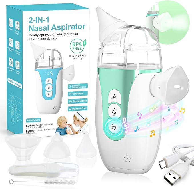 Smart Baby Nasal Aspirator, 2-in-1 Electric Nose Sucker for Toddlers with Spray, 5-Level Suction, Soothing Music, 2 Silicone Tips, USB-C Charge, Storage Case | Nasal Aspirator for Baby (Olive Green)